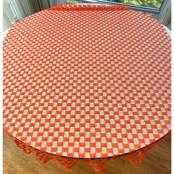 Vintage 70s orange curtains, square geometric mesh, groovy sheer, pair of panels - Picture 5 of 10